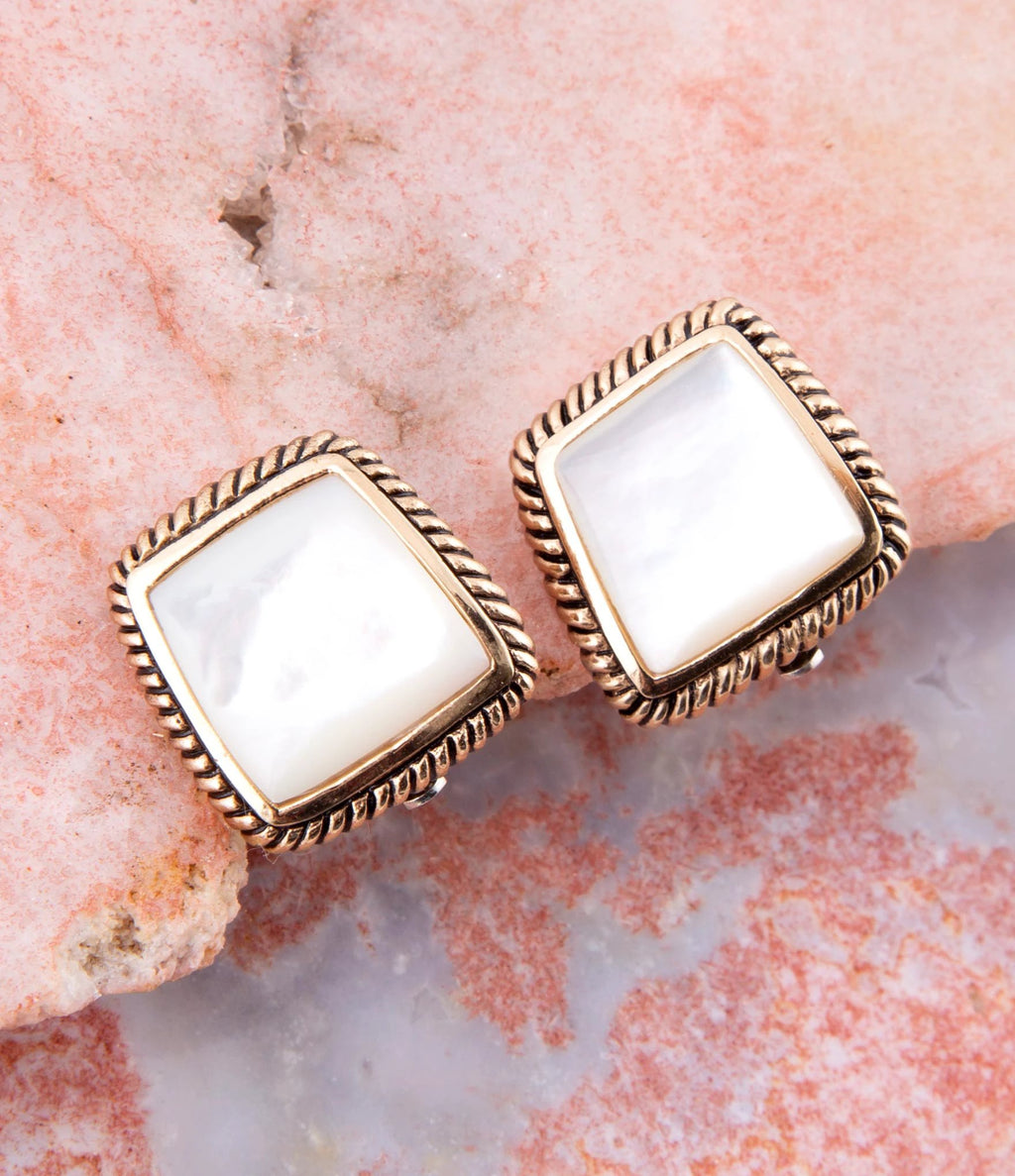 Roped Mother of Pearl Golden Clip Earrings by Barse Jewelry