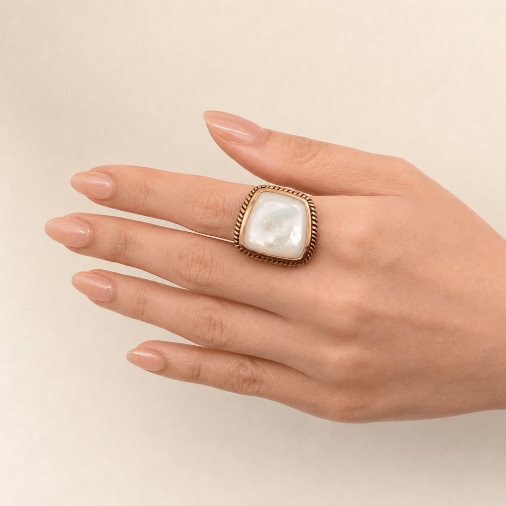 Roped White Mother of Pearl and Golden Statement Ring Rings La Vie Bien Roped White Mother of Pearl and Golden Statement Ring
