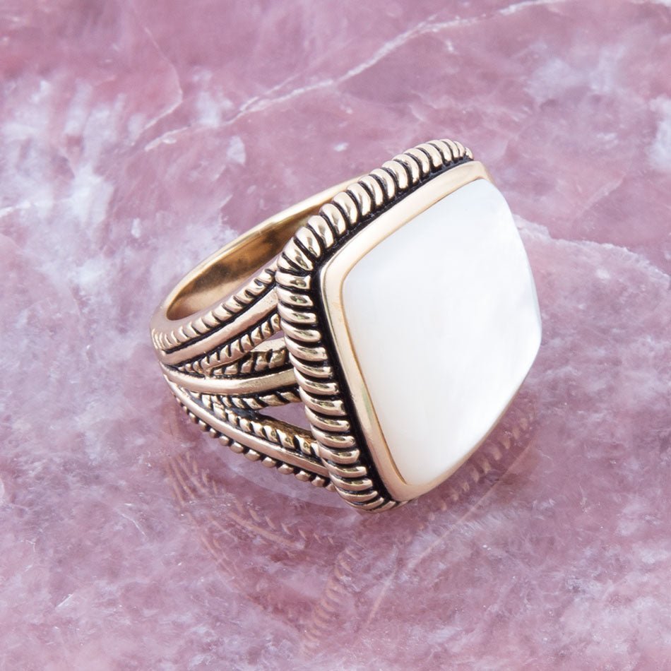 Roped White Mother of Pearl and Golden Statement Ring Rings La Vie Bien Roped White Mother of Pearl and Golden Statement Ring