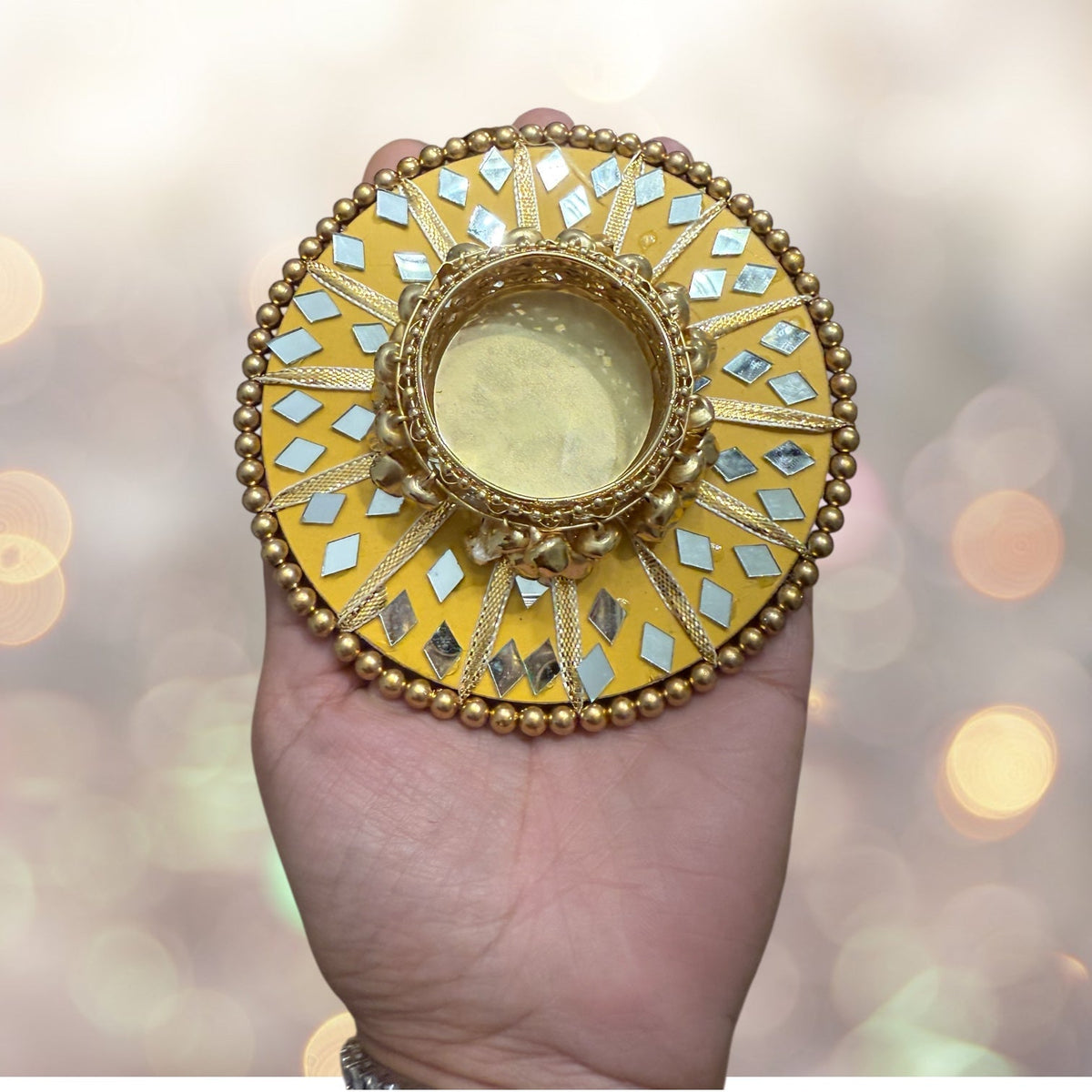 Round Mirror Work and Ghungroo T-Light Holder with Polti La Vie Bien Round Mirror Work and Ghungroo T-Light Holder with Polti