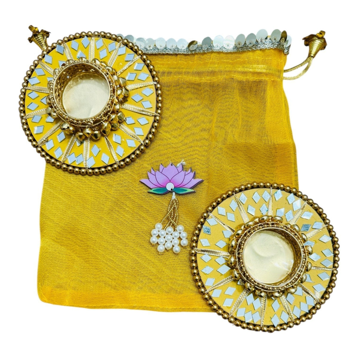 Round Mirror Work and Ghungroo T-Light Holder with Polti La Vie Bien Round Mirror Work and Ghungroo T-Light Holder with Polti