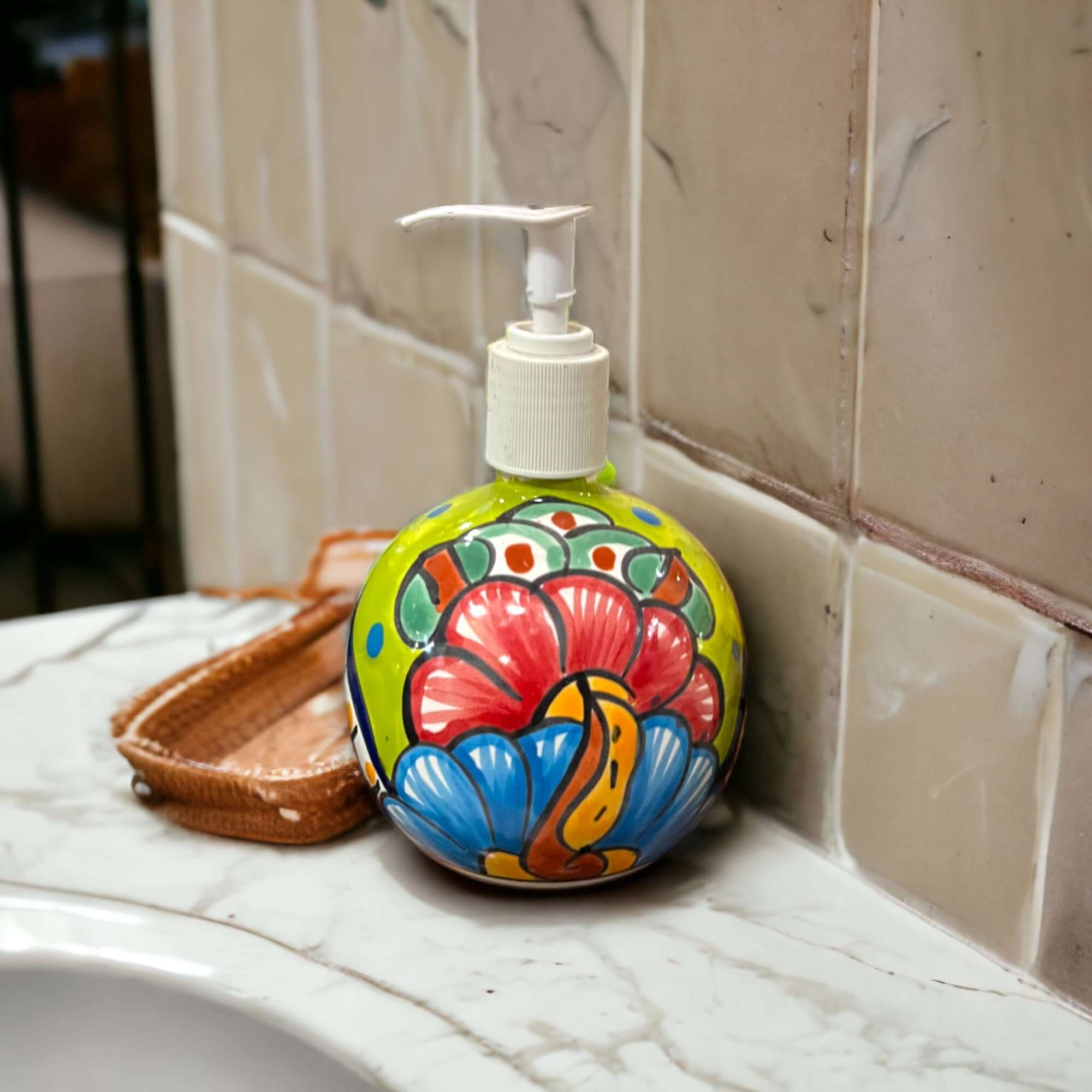 Round Talavera Soap Dispenser | Hand - Painted Ceramic Bottle Talavera Soap Dispenser La Vie Bien Round Talavera Soap Dispenser | Hand - Painted Ceramic Bottle