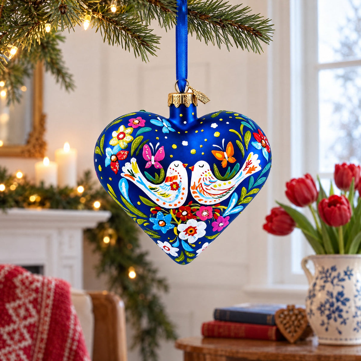 Blue Folk Art Whimsical Doves & Flowers Heart Glass Ornament