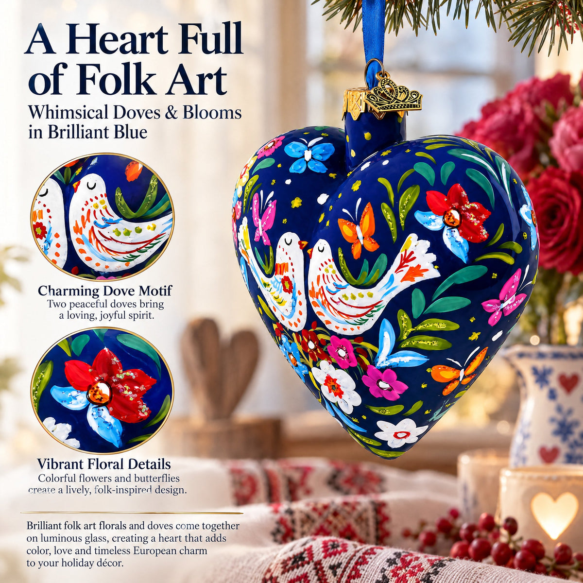 Blue Folk Art Whimsical Doves & Flowers Heart Glass Ornament