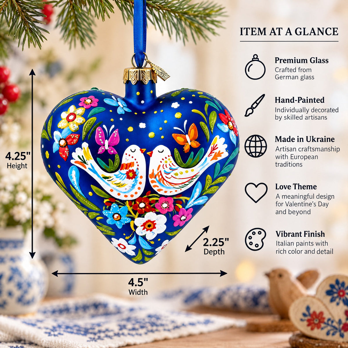 Blue Folk Art Whimsical Doves & Flowers Heart Glass Ornament