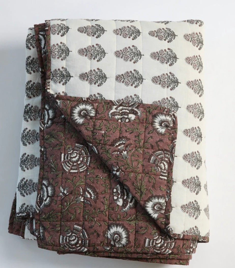 Ruby Cotton Block Print Quilted Coverlet by White Cliff Studio