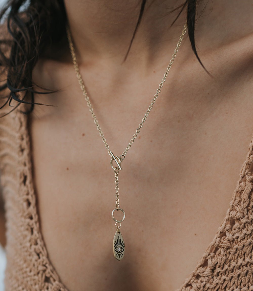 Ruchi Evil Eye Charm Dainty Drop Lariat Necklace HME stock line La Vie Bien Ruchi Evil Eye Charm Dainty Drop Lariat Necklace