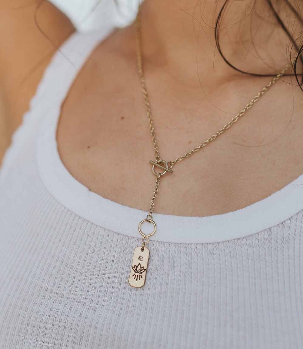 Ruchi Lotus Charm Dainty Drop Lariat Necklace HME stock line La Vie Bien Ruchi Lotus Charm Dainty Drop Lariat Necklace