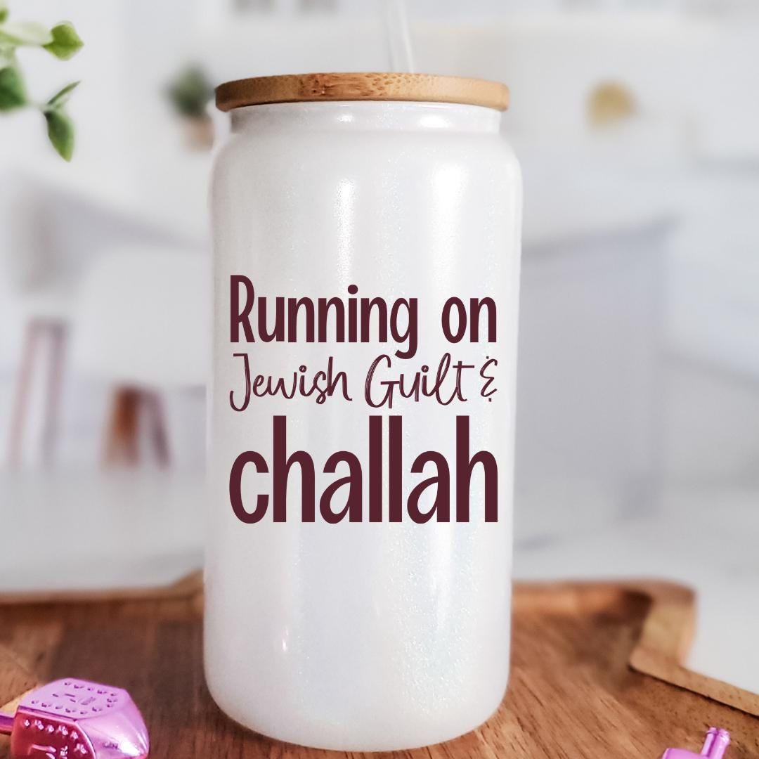 Running on Jewish Guilt Glass Can Cup - Challah, Cold Brew, or Caffeine