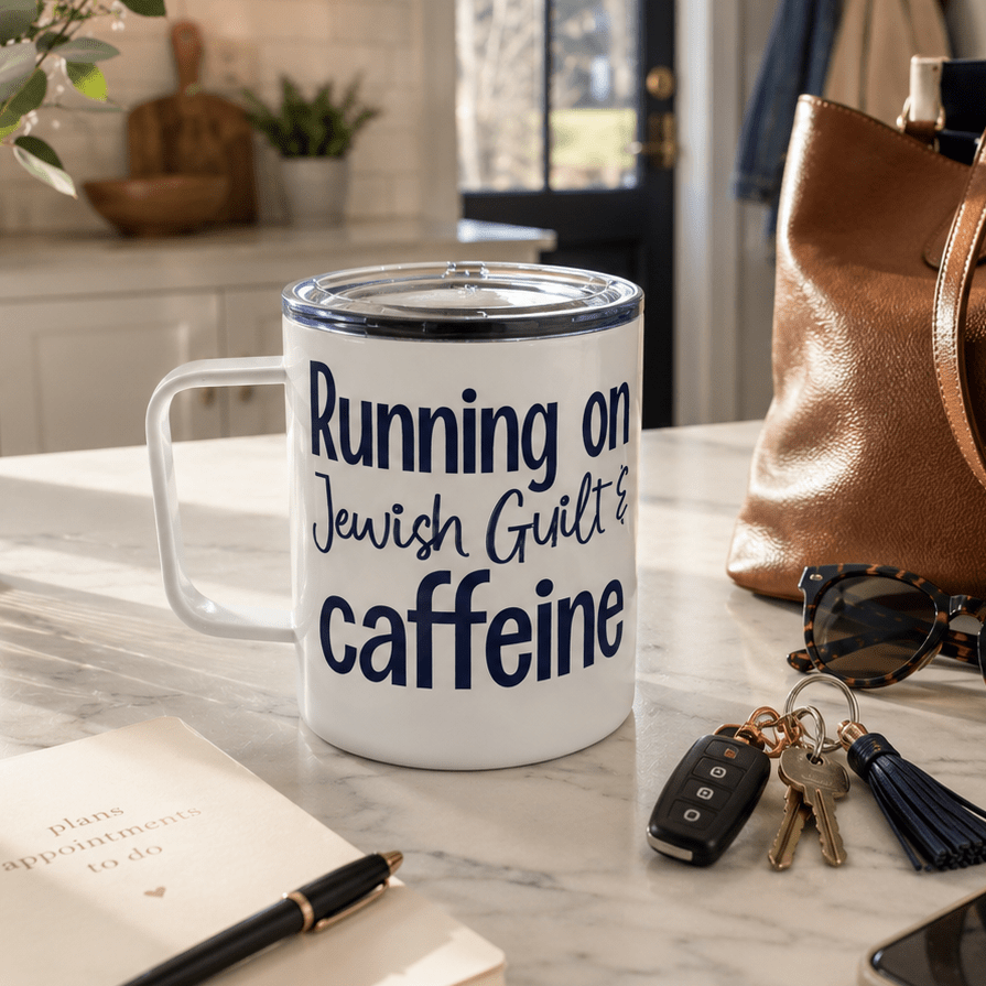 Running on Jewish Guilt Stainless Steel Mug and Lid High Holidays La Vie Bien Running on Jewish Guilt Stainless Steel Mug and Lid