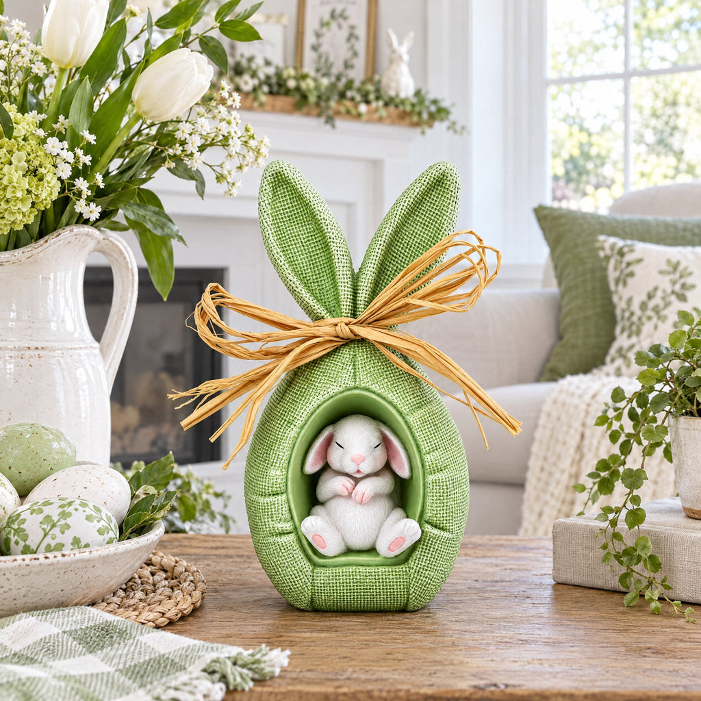 Rustic Bunny Nest Egg Decoration – Green Burlap Style Easter Ornament with Raffia Bow 6.2 Inches Tall Easter > Figurines > Bunnies La Vie Bien Rustic Bunny Nest Egg Decoration – Green Burlap Style Easter Ornament with Raffia Bow 6.2 Inches Tall
