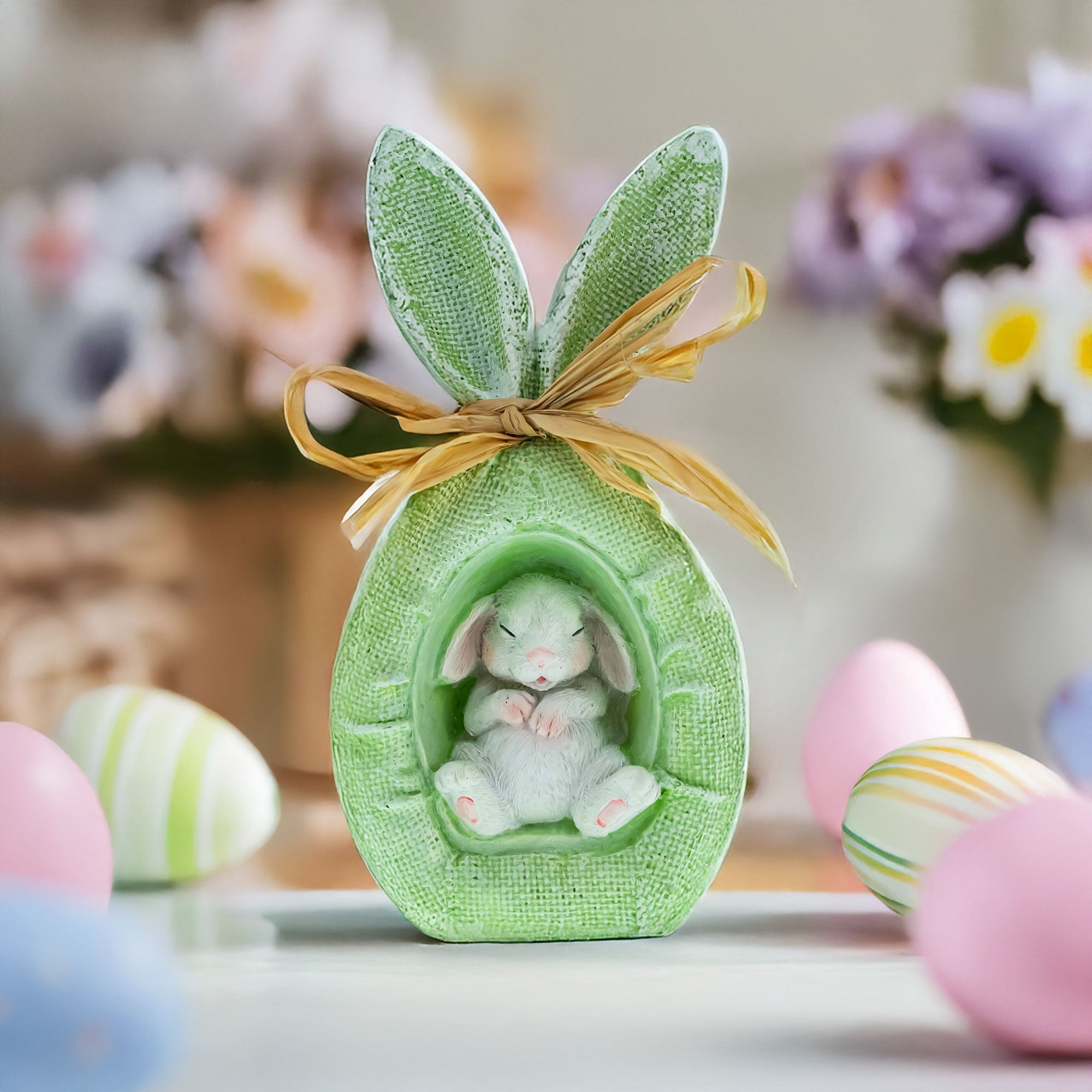 Rustic Bunny Nest Egg Decoration – Green Burlap Style Easter Ornament with Raffia Bow 6.2 Inches Tall Easter > Figurines > Bunnies La Vie Bien Rustic Bunny Nest Egg Decoration – Green Burlap Style Easter Ornament with Raffia Bow 6.2 Inches Tall