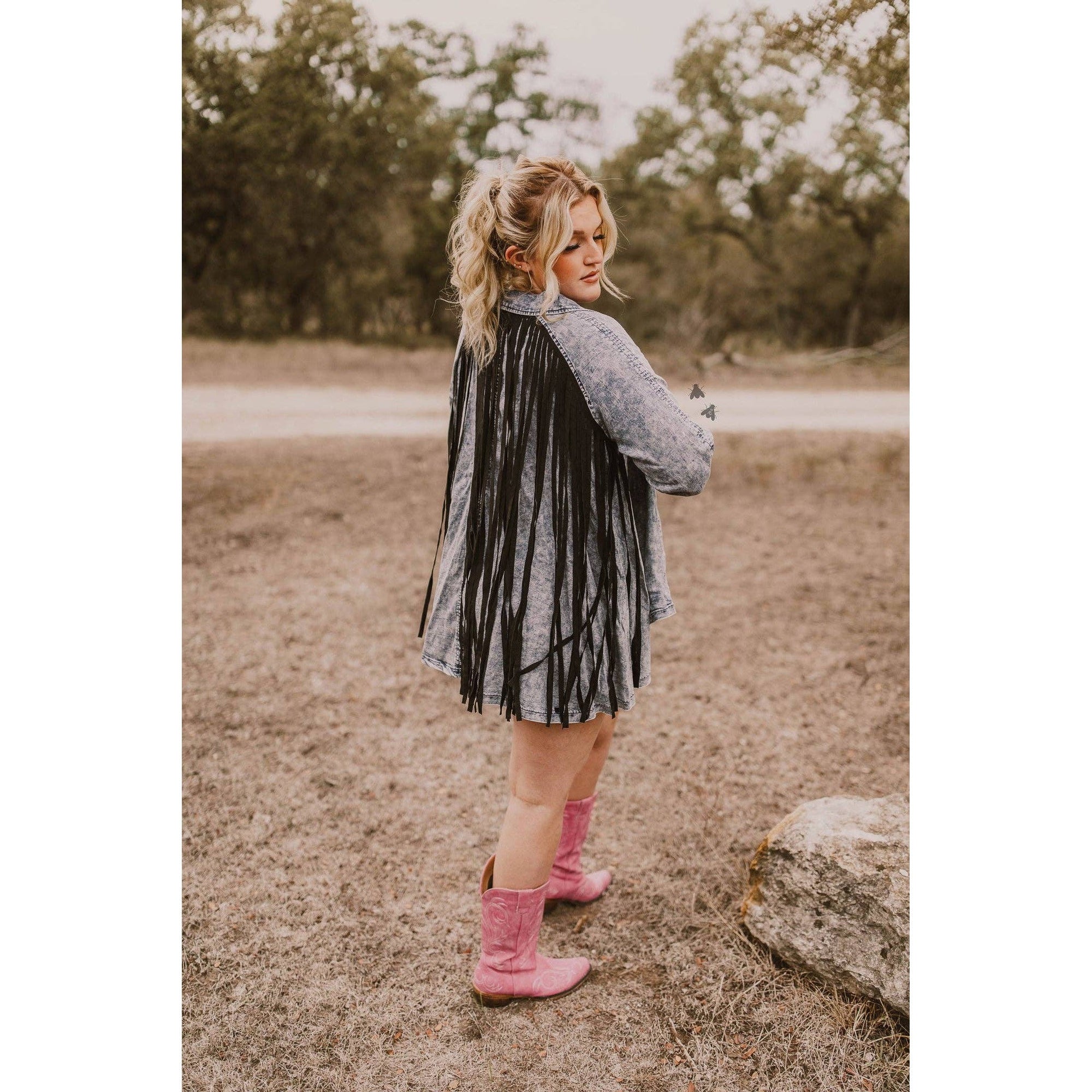 S - 2X Hidalgo Falls Denim Jacket with Fringe Details