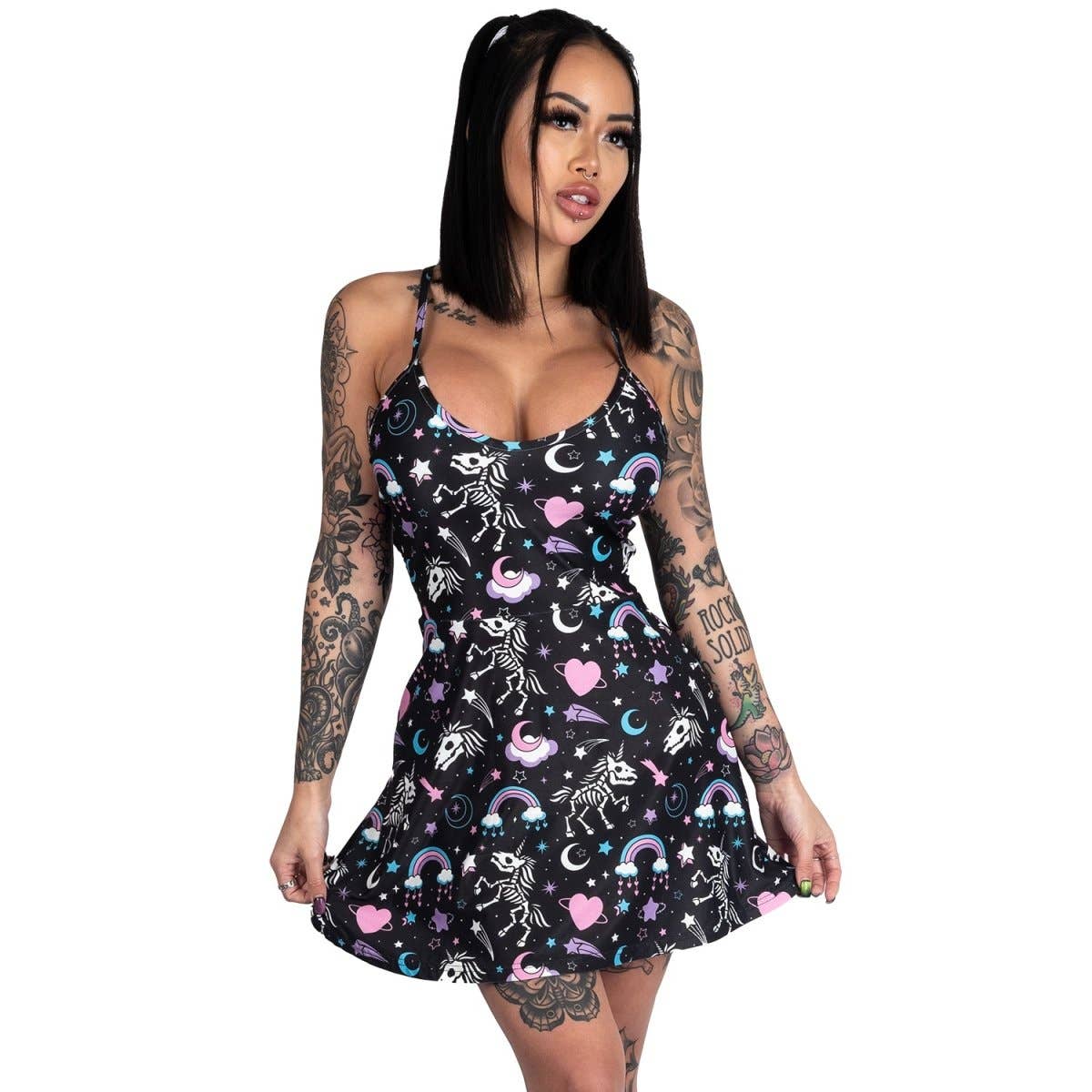 [S - 3XL] Gothic Skeleton Unicorns Skater Dress