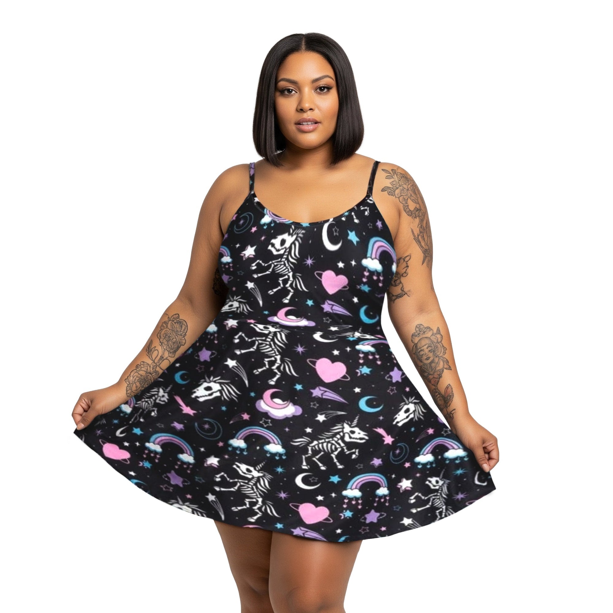 [S - 3XL] Gothic Skeleton Unicorns Skater Dress