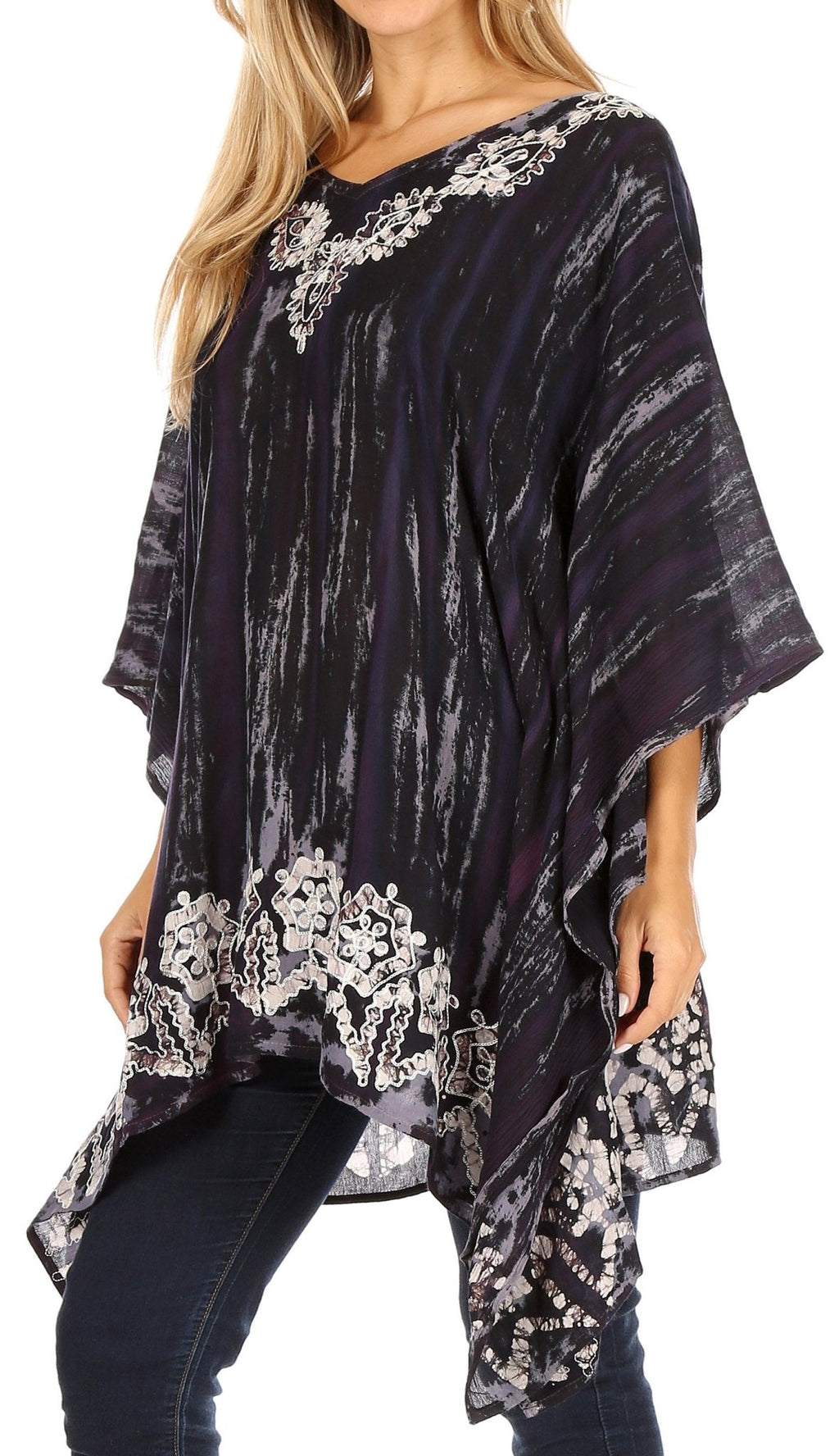 Sakkas Alizia Lightweight Embroidery Batik Top Tunic Blouse Caftan Cover up Poncho tops La Vie Bien Sakkas Alizia Lightweight Embroidery Batik Top Tunic Blouse Caftan Cover up Poncho