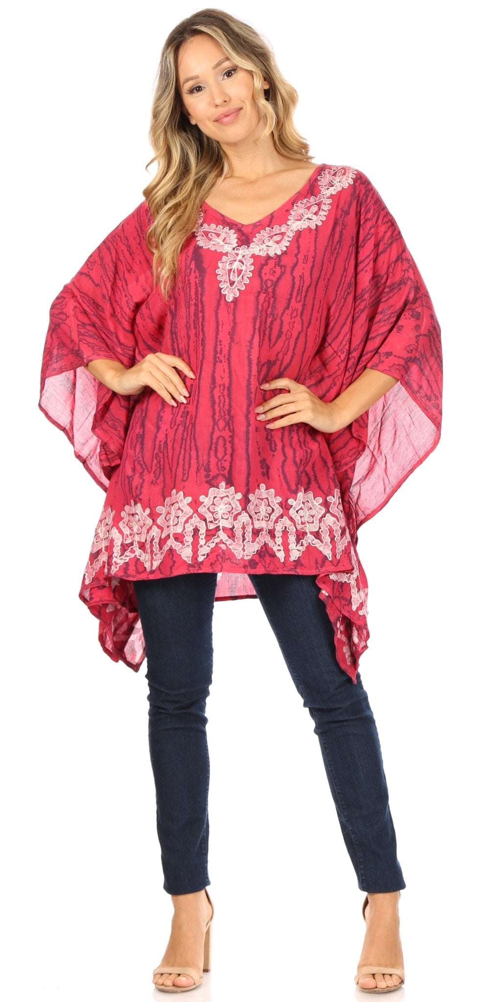 Sakkas Alizia Lightweight Embroidery Batik Top Tunic Blouse Caftan Cover up Poncho tops La Vie Bien Sakkas Alizia Lightweight Embroidery Batik Top Tunic Blouse Caftan Cover up Poncho