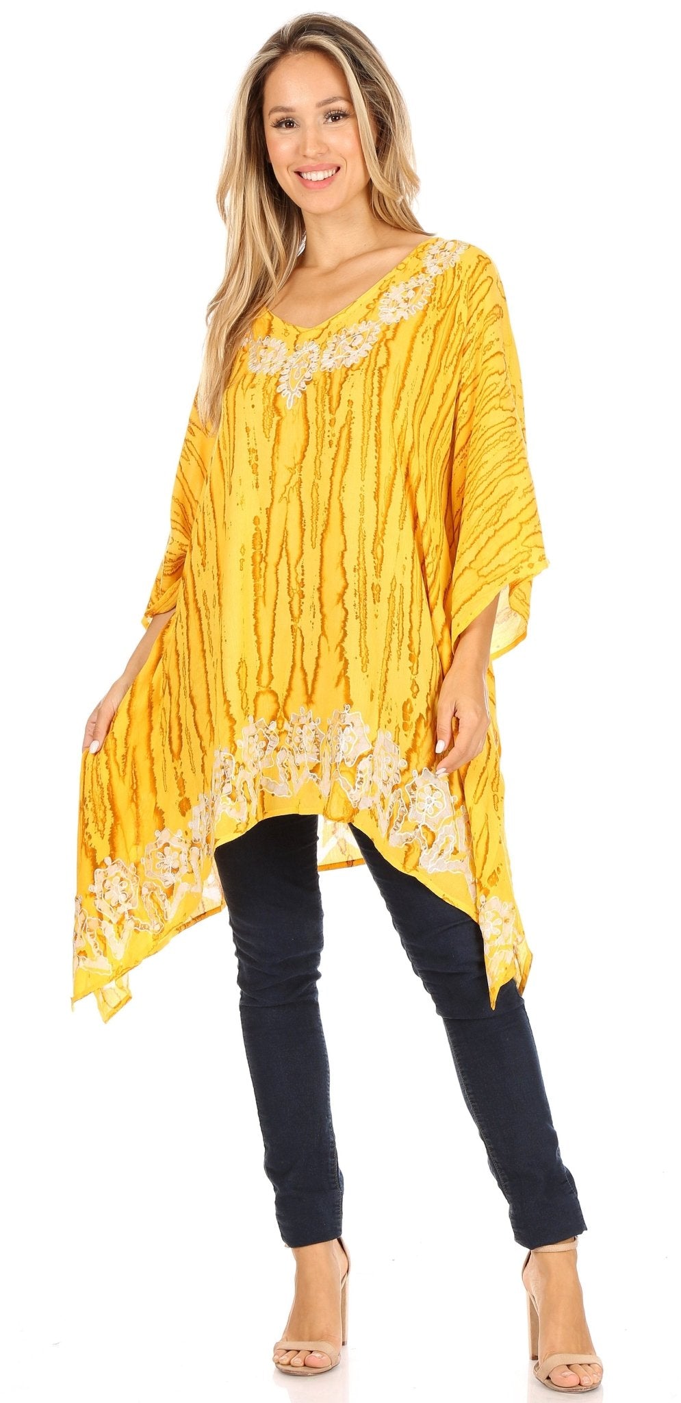 Sakkas Alizia Lightweight Embroidery Batik Top Tunic Blouse Caftan Cover up Poncho tops La Vie Bien Sakkas Alizia Lightweight Embroidery Batik Top Tunic Blouse Caftan Cover up Poncho