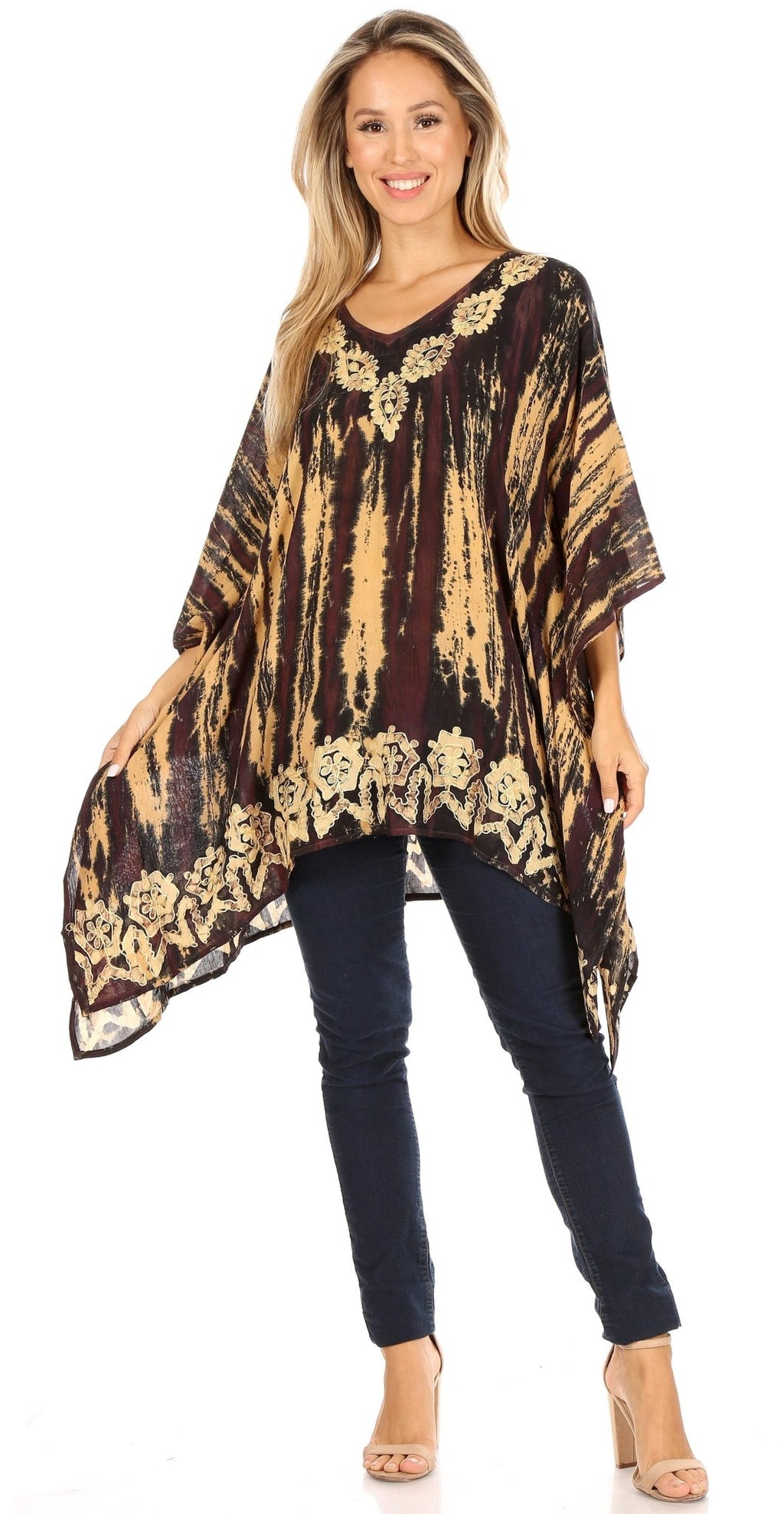 Sakkas Alizia Lightweight Embroidery Batik Top Tunic Blouse Caftan Cover up Poncho tops La Vie Bien Sakkas Alizia Lightweight Embroidery Batik Top Tunic Blouse Caftan Cover up Poncho