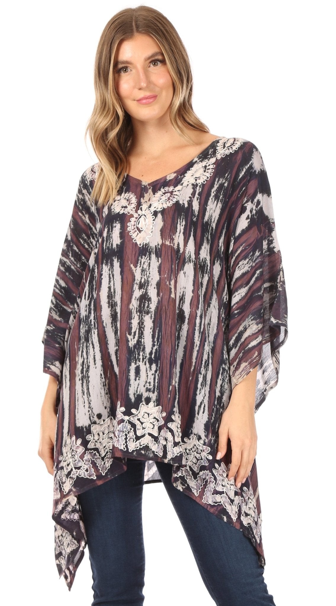 Sakkas Alizia Lightweight Embroidery Batik Top Tunic Blouse Caftan Cover up Poncho tops La Vie Bien Sakkas Alizia Lightweight Embroidery Batik Top Tunic Blouse Caftan Cover up Poncho