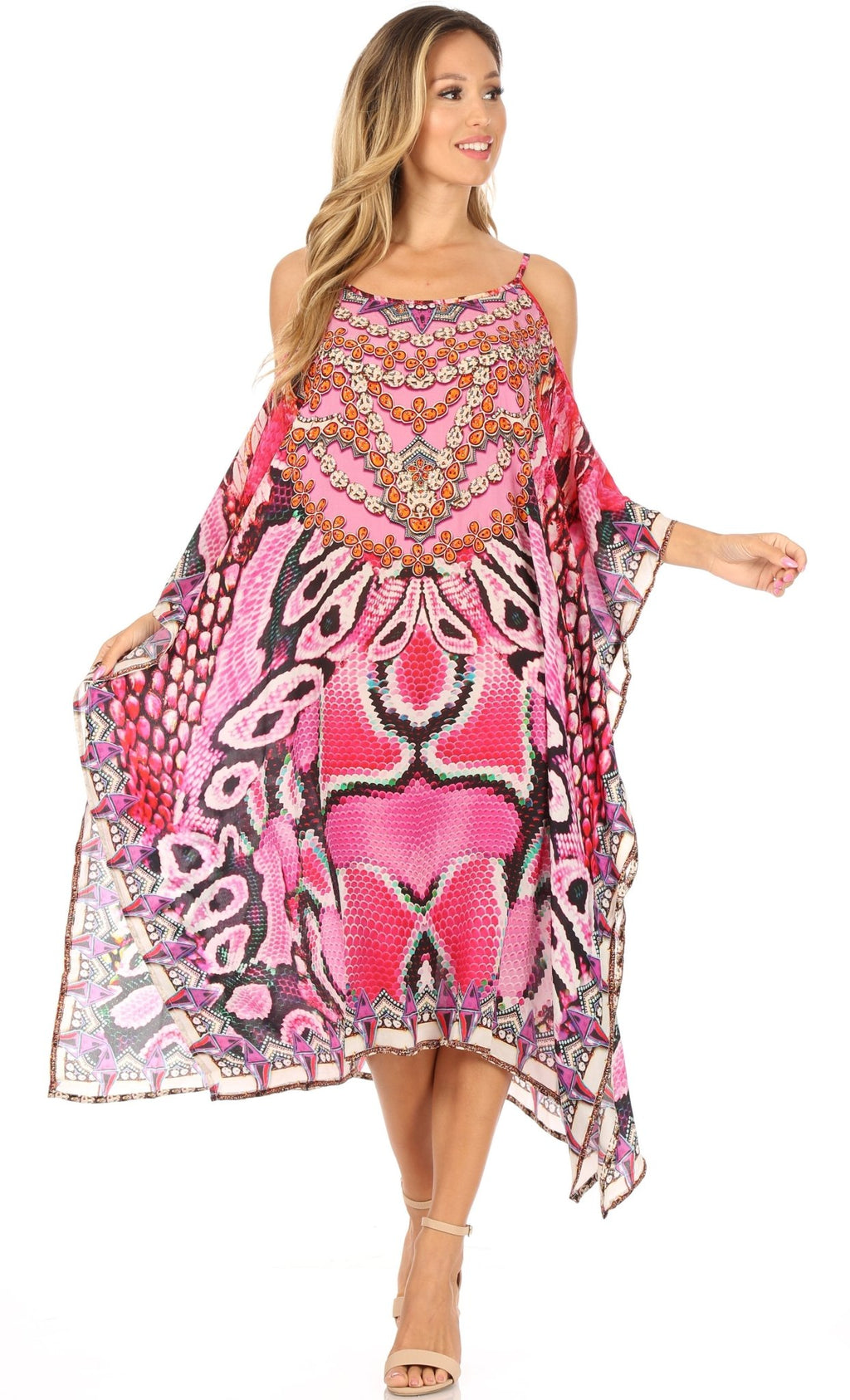 Sakkas Amaya Loose Fit Long Printed Strappy Cutout Shoulder Boat Neck Kaftan Dress dresses La Vie Bien Sakkas Amaya Loose Fit Long Printed Strappy Cutout Shoulder Boat Neck Kaftan Dress