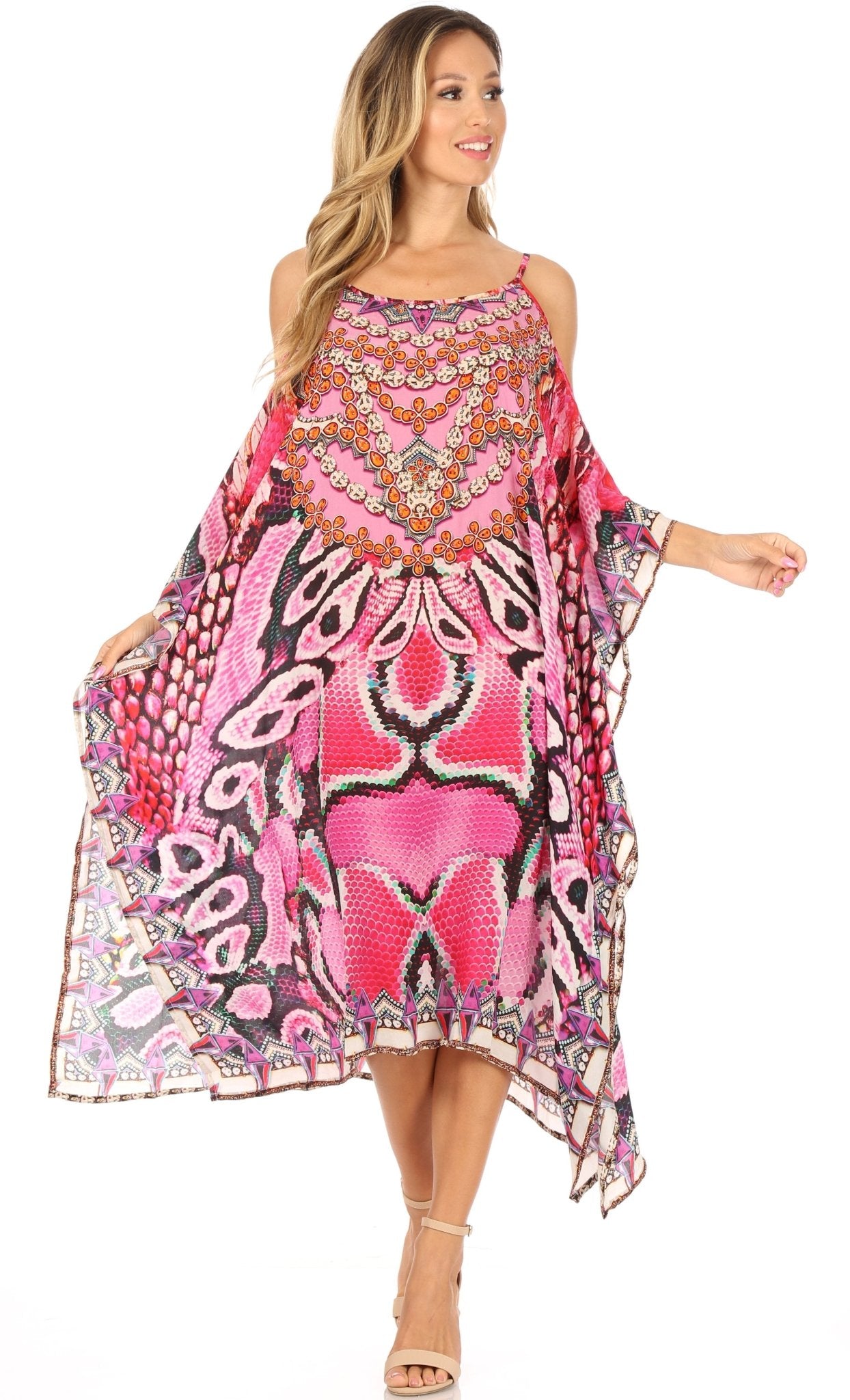 Sakkas Amaya Loose Fit Long Printed Strappy Cutout Shoulder Boat Neck Kaftan Dress dresses La Vie Bien Sakkas Amaya Loose Fit Long Printed Strappy Cutout Shoulder Boat Neck Kaftan Dress