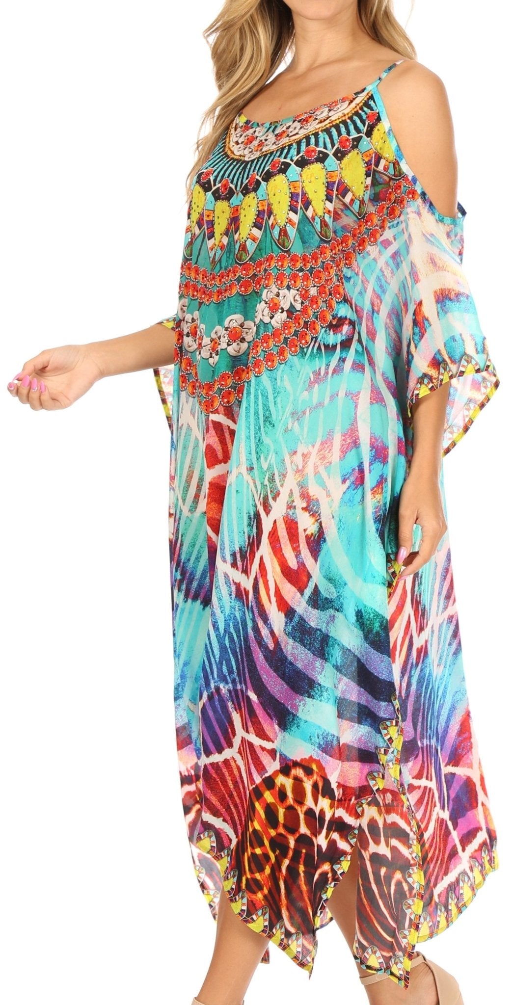 Sakkas Amaya Loose Fit Long Printed Strappy Cutout Shoulder Boat Neck Kaftan Dress dresses La Vie Bien Sakkas Amaya Loose Fit Long Printed Strappy Cutout Shoulder Boat Neck Kaftan Dress