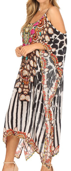 Sakkas Amaya Loose Fit Long Printed Strappy Cutout Shoulder Boat Neck Kaftan Dress dresses La Vie Bien Sakkas Amaya Loose Fit Long Printed Strappy Cutout Shoulder Boat Neck Kaftan Dress