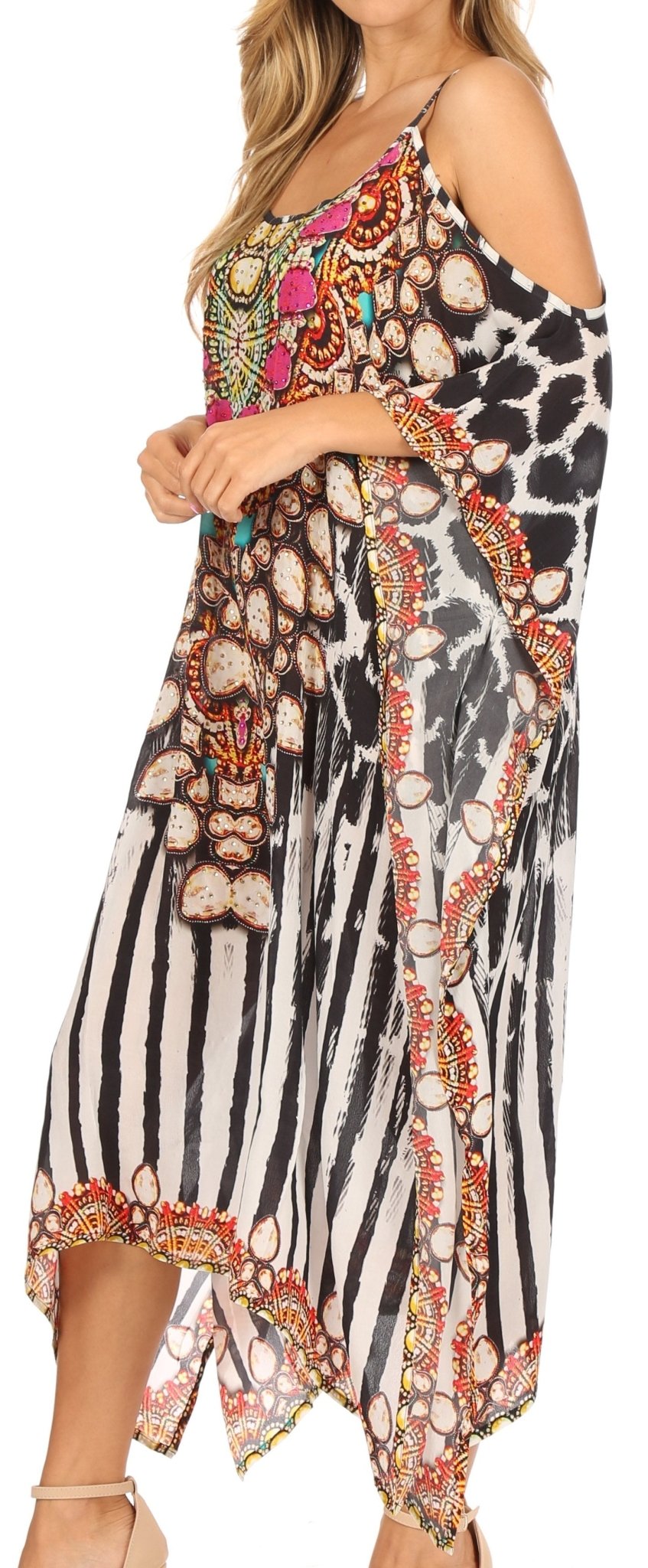 Sakkas Amaya Loose Fit Long Printed Strappy Cutout Shoulder Boat Neck Kaftan Dress dresses La Vie Bien Sakkas Amaya Loose Fit Long Printed Strappy Cutout Shoulder Boat Neck Kaftan Dress