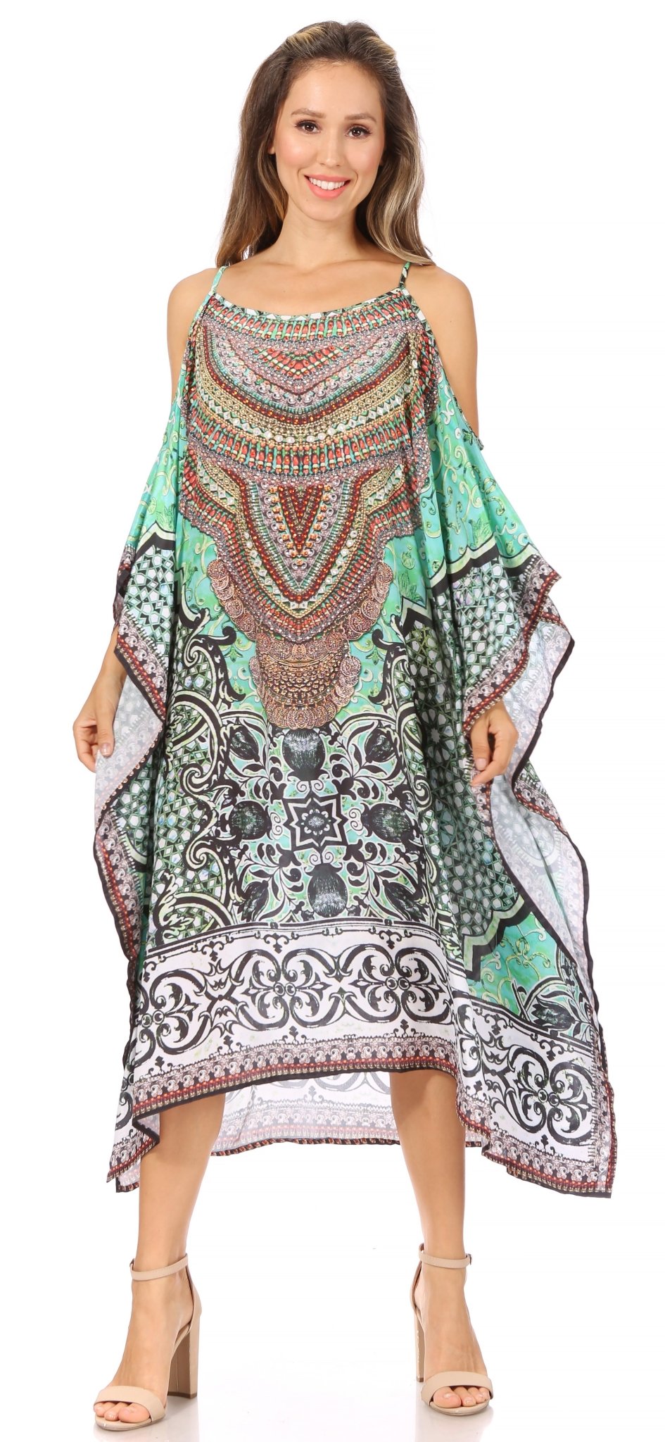 Sakkas Amaya Loose Fit Long Printed Strappy Cutout Shoulder Boat Neck Kaftan Dress dresses La Vie Bien Sakkas Amaya Loose Fit Long Printed Strappy Cutout Shoulder Boat Neck Kaftan Dress