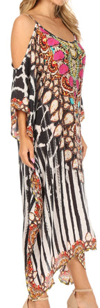 Sakkas Amaya Loose Fit Long Printed Strappy Cutout Shoulder Boat Neck Kaftan Dress dresses La Vie Bien Sakkas Amaya Loose Fit Long Printed Strappy Cutout Shoulder Boat Neck Kaftan Dress