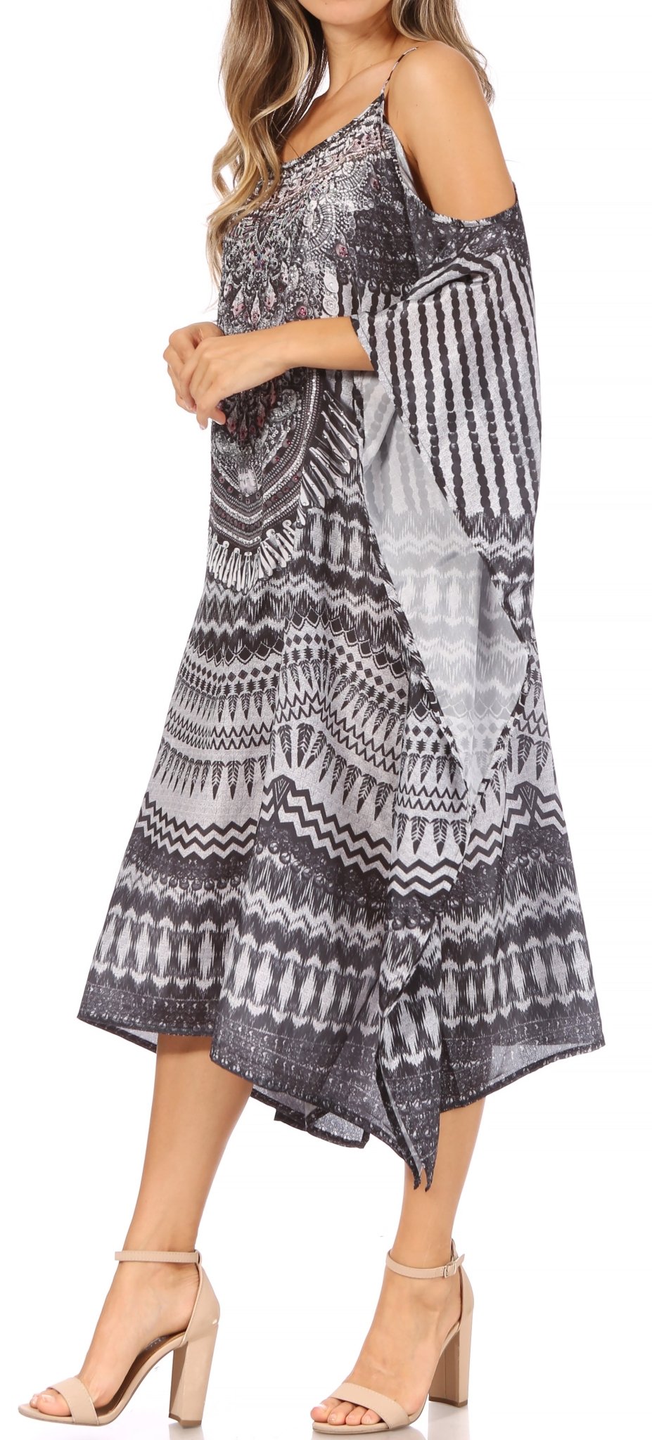 Sakkas Amaya Loose Fit Long Printed Strappy Cutout Shoulder Boat Neck Kaftan Dress dresses La Vie Bien Sakkas Amaya Loose Fit Long Printed Strappy Cutout Shoulder Boat Neck Kaftan Dress