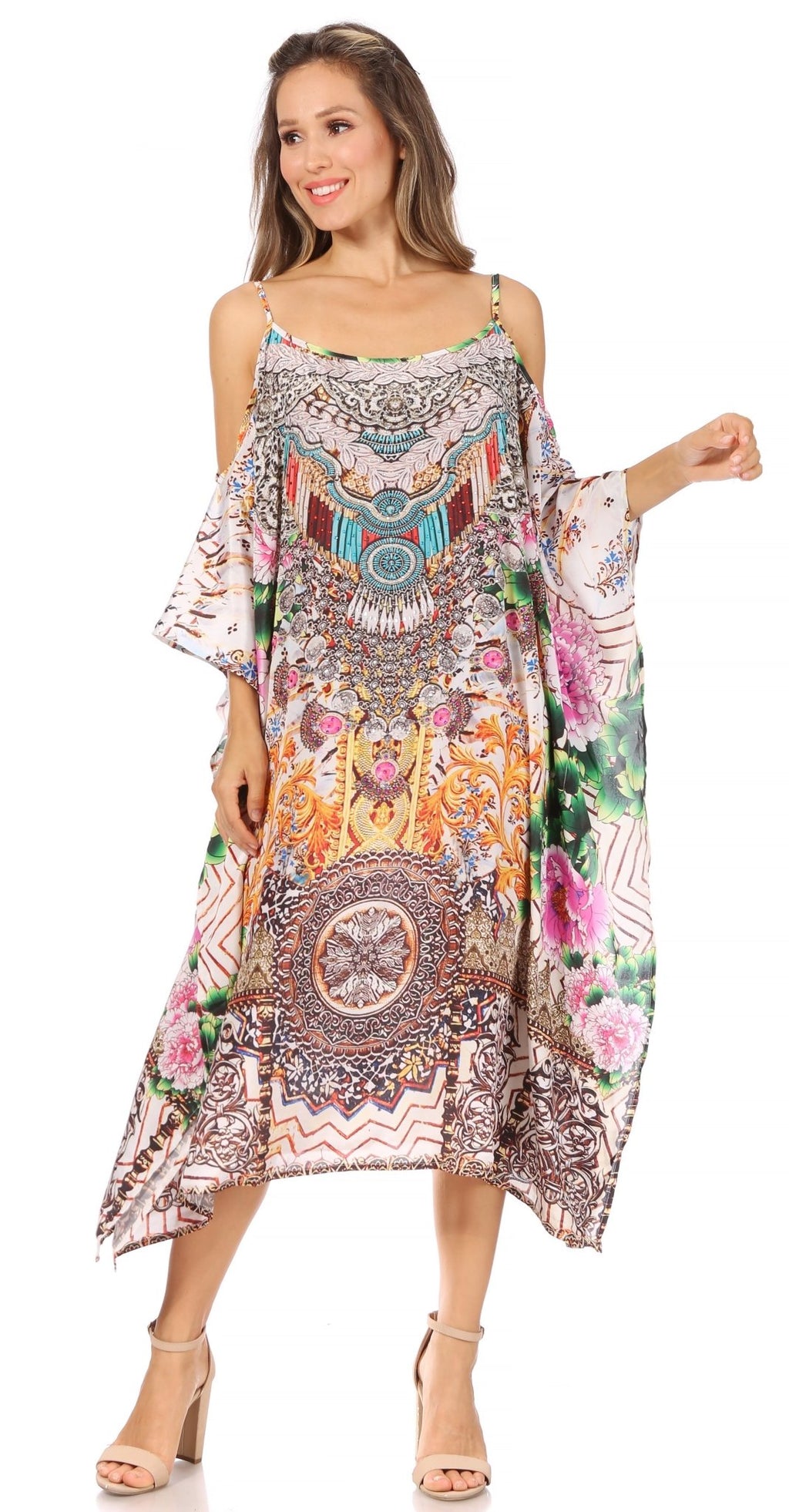 Sakkas Amaya Loose Fit Long Printed Strappy Cutout Shoulder Boat Neck Kaftan Dress dresses La Vie Bien Sakkas Amaya Loose Fit Long Printed Strappy Cutout Shoulder Boat Neck Kaftan Dress