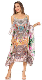 Sakkas Amaya Loose Fit Long Printed Strappy Cutout Shoulder Boat Neck Kaftan Dress dresses La Vie Bien Sakkas Amaya Loose Fit Long Printed Strappy Cutout Shoulder Boat Neck Kaftan Dress