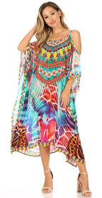 Sakkas Amaya Loose Fit Long Printed Strappy Cutout Shoulder Boat Neck Kaftan Dress dresses La Vie Bien Sakkas Amaya Loose Fit Long Printed Strappy Cutout Shoulder Boat Neck Kaftan Dress