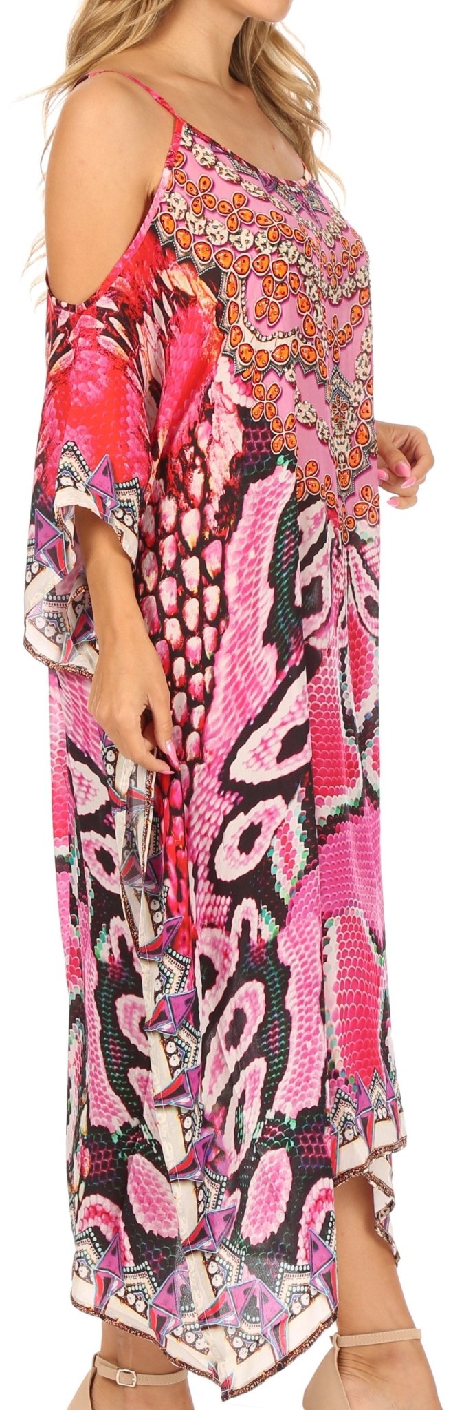 Sakkas Amaya Loose Fit Long Printed Strappy Cutout Shoulder Boat Neck Kaftan Dress dresses La Vie Bien Sakkas Amaya Loose Fit Long Printed Strappy Cutout Shoulder Boat Neck Kaftan Dress