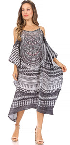 Sakkas Amaya Loose Fit Long Printed Strappy Cutout Shoulder Boat Neck Kaftan Dress dresses La Vie Bien Sakkas Amaya Loose Fit Long Printed Strappy Cutout Shoulder Boat Neck Kaftan Dress