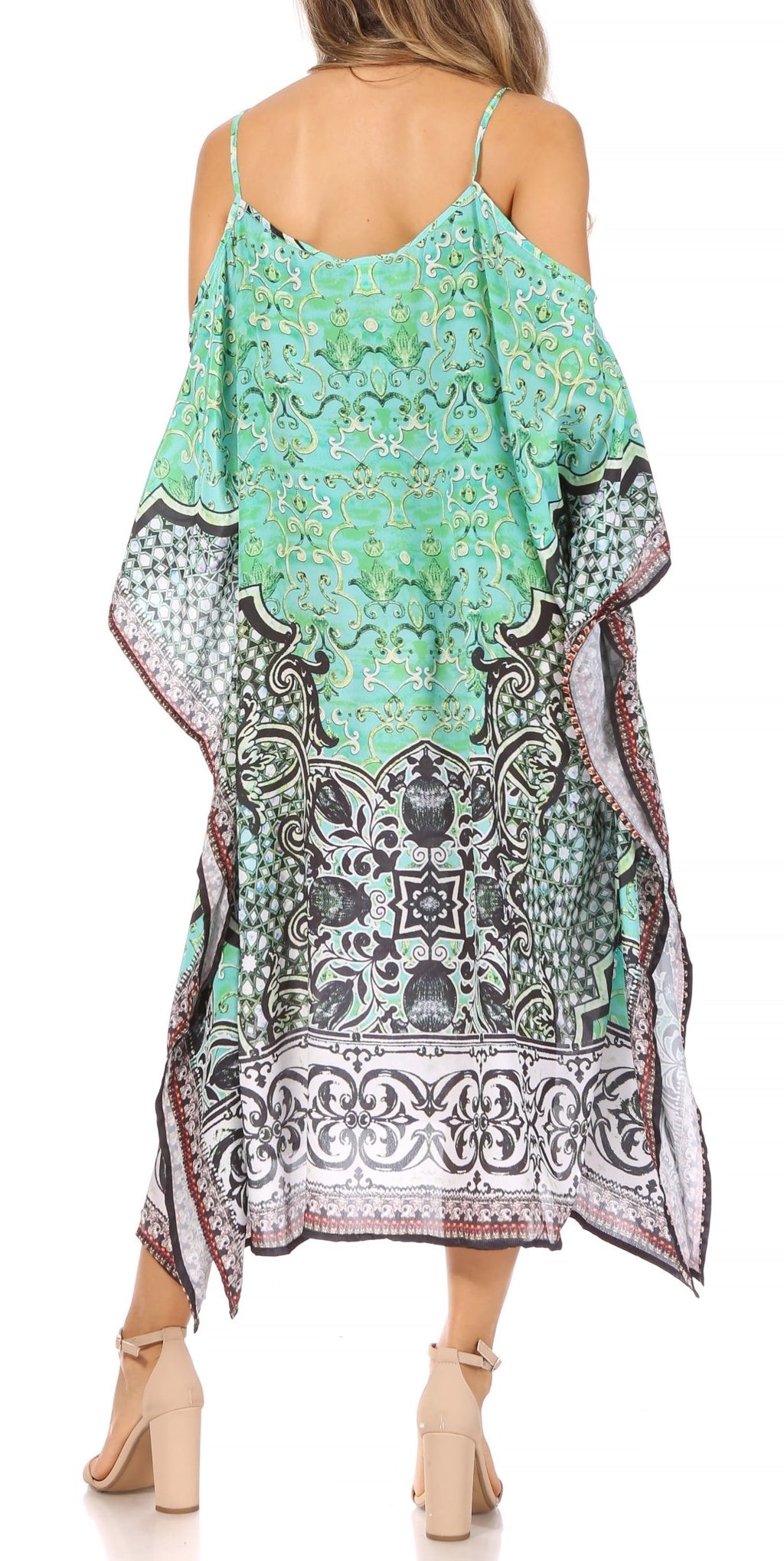 Sakkas Amaya Loose Fit Long Printed Strappy Cutout Shoulder Boat Neck Kaftan Dress dresses La Vie Bien Sakkas Amaya Loose Fit Long Printed Strappy Cutout Shoulder Boat Neck Kaftan Dress