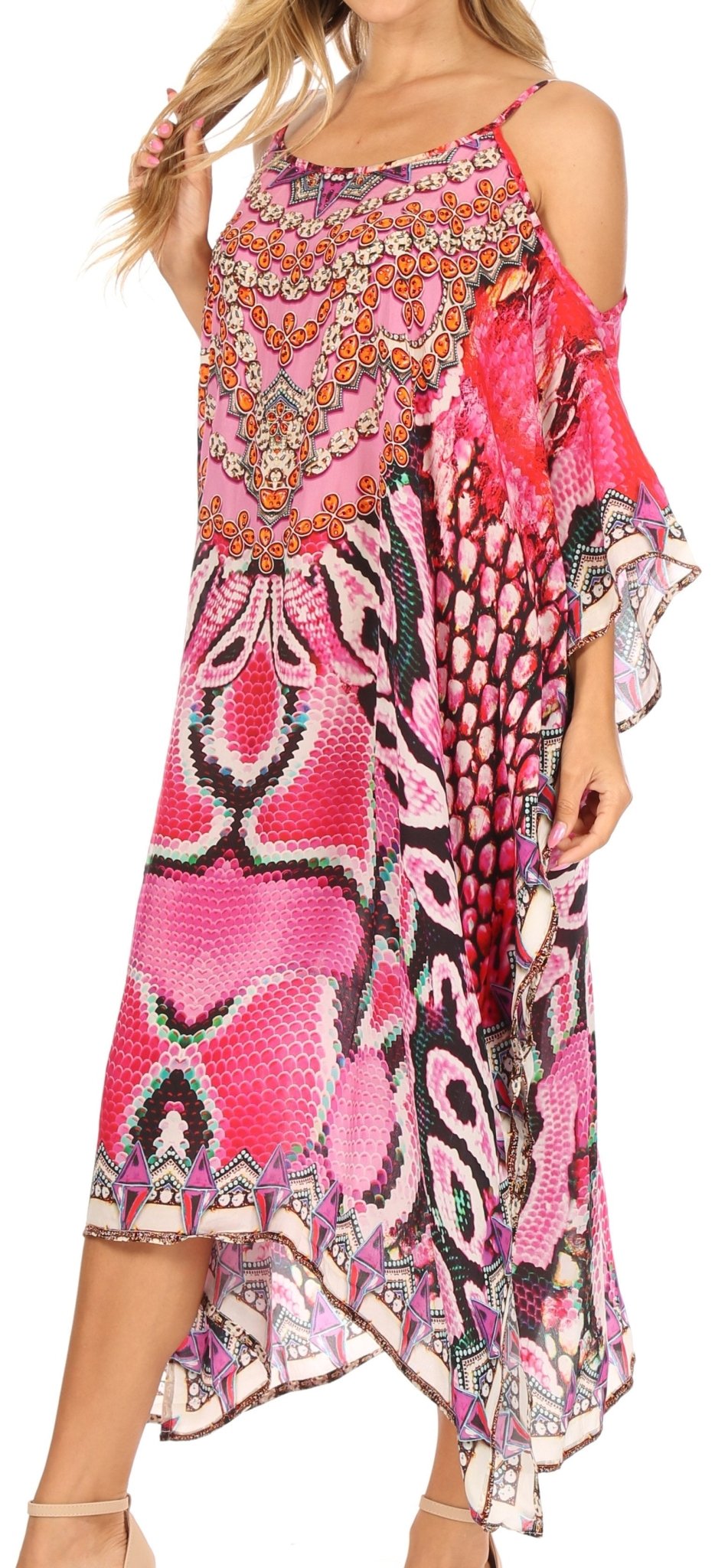 Sakkas Amaya Loose Fit Long Printed Strappy Cutout Shoulder Boat Neck Kaftan Dress dresses La Vie Bien Sakkas Amaya Loose Fit Long Printed Strappy Cutout Shoulder Boat Neck Kaftan Dress
