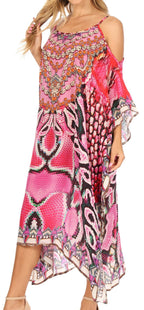 Sakkas Amaya Loose Fit Long Printed Strappy Cutout Shoulder Boat Neck Kaftan Dress dresses La Vie Bien Sakkas Amaya Loose Fit Long Printed Strappy Cutout Shoulder Boat Neck Kaftan Dress