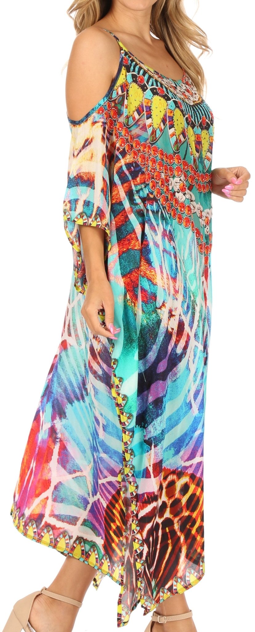 Sakkas Amaya Loose Fit Long Printed Strappy Cutout Shoulder Boat Neck Kaftan Dress dresses La Vie Bien Sakkas Amaya Loose Fit Long Printed Strappy Cutout Shoulder Boat Neck Kaftan Dress