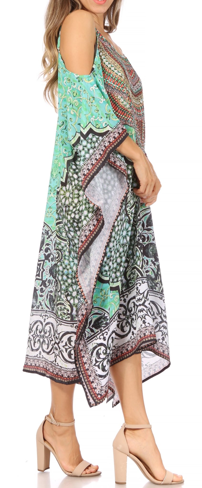 Sakkas Amaya Loose Fit Long Printed Strappy Cutout Shoulder Boat Neck Kaftan Dress dresses La Vie Bien Sakkas Amaya Loose Fit Long Printed Strappy Cutout Shoulder Boat Neck Kaftan Dress