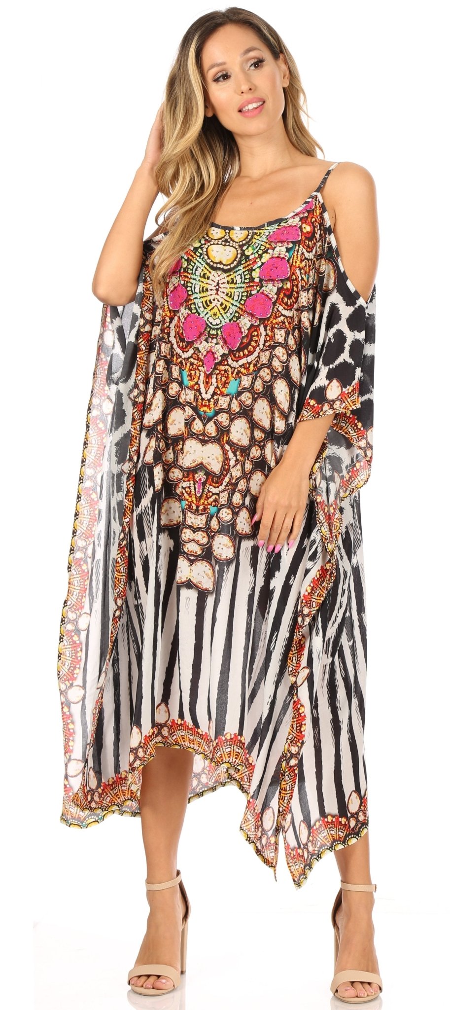 Sakkas Amaya Loose Fit Long Printed Strappy Cutout Shoulder Boat Neck Kaftan Dress dresses La Vie Bien Sakkas Amaya Loose Fit Long Printed Strappy Cutout Shoulder Boat Neck Kaftan Dress