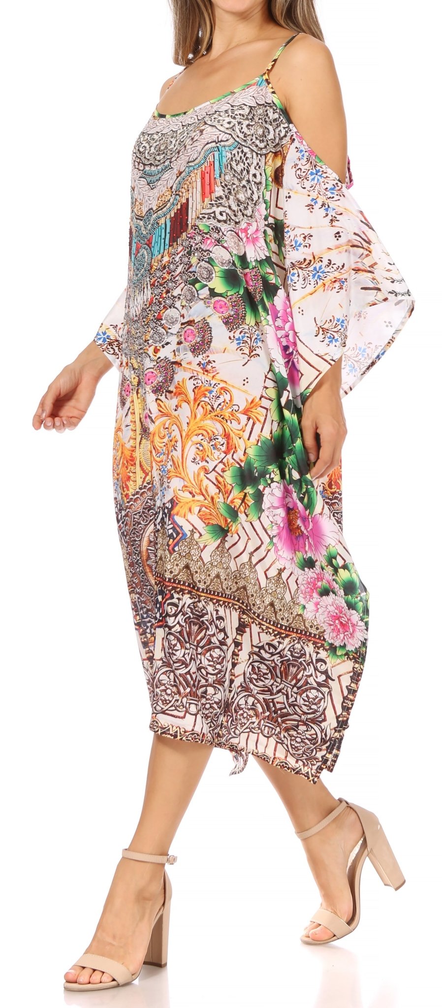 Sakkas Amaya Loose Fit Long Printed Strappy Cutout Shoulder Boat Neck Kaftan Dress dresses La Vie Bien Sakkas Amaya Loose Fit Long Printed Strappy Cutout Shoulder Boat Neck Kaftan Dress