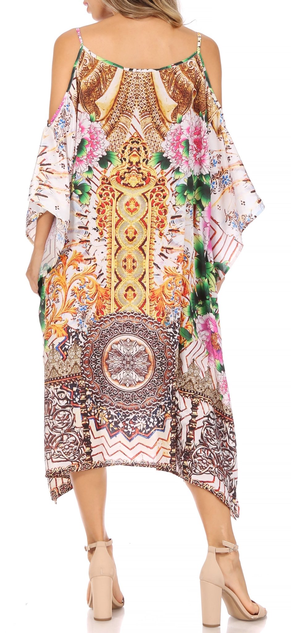 Sakkas Amaya Loose Fit Long Printed Strappy Cutout Shoulder Boat Neck Kaftan Dress dresses La Vie Bien Sakkas Amaya Loose Fit Long Printed Strappy Cutout Shoulder Boat Neck Kaftan Dress