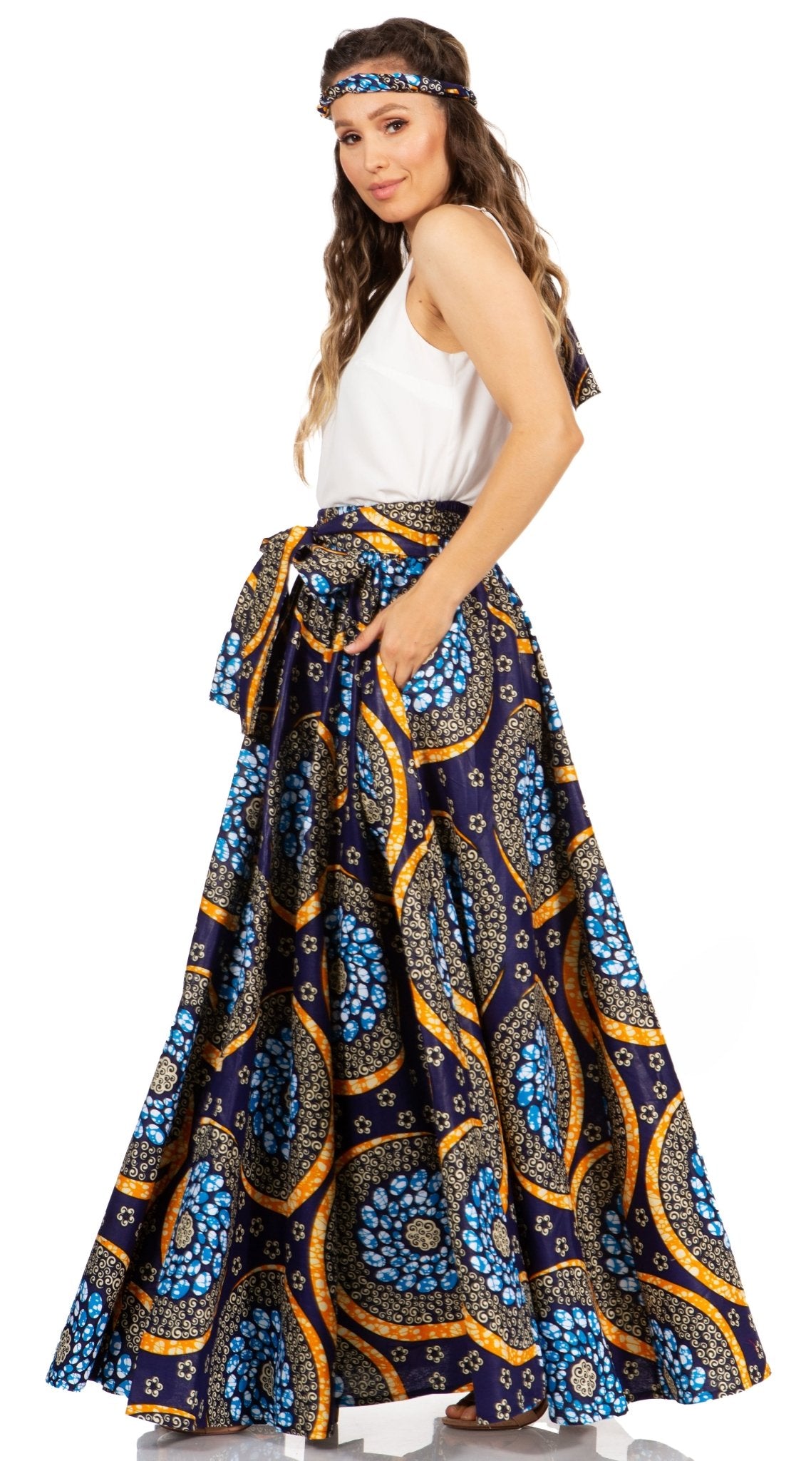 Sakkas Asma's Second Convertible Traditional Wax Print Maxi Skirt with Adjustable Straps - Buy One, Get One 50% Off skirts La Vie Bien Sakkas Asma's Second Convertible Traditional Wax Print Maxi Skirt with Adjustable Straps - Buy One, Get One 50% Off