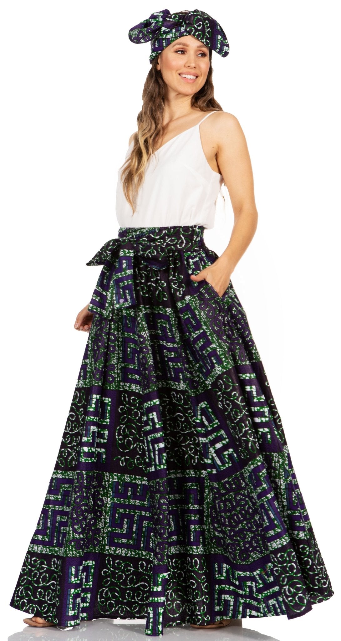Sakkas Asma's Second Convertible Traditional Wax Print Maxi Skirt with Adjustable Straps - Buy One, Get One 50% Off skirts La Vie Bien Sakkas Asma's Second Convertible Traditional Wax Print Maxi Skirt with Adjustable Straps - Buy One, Get One 50% Off