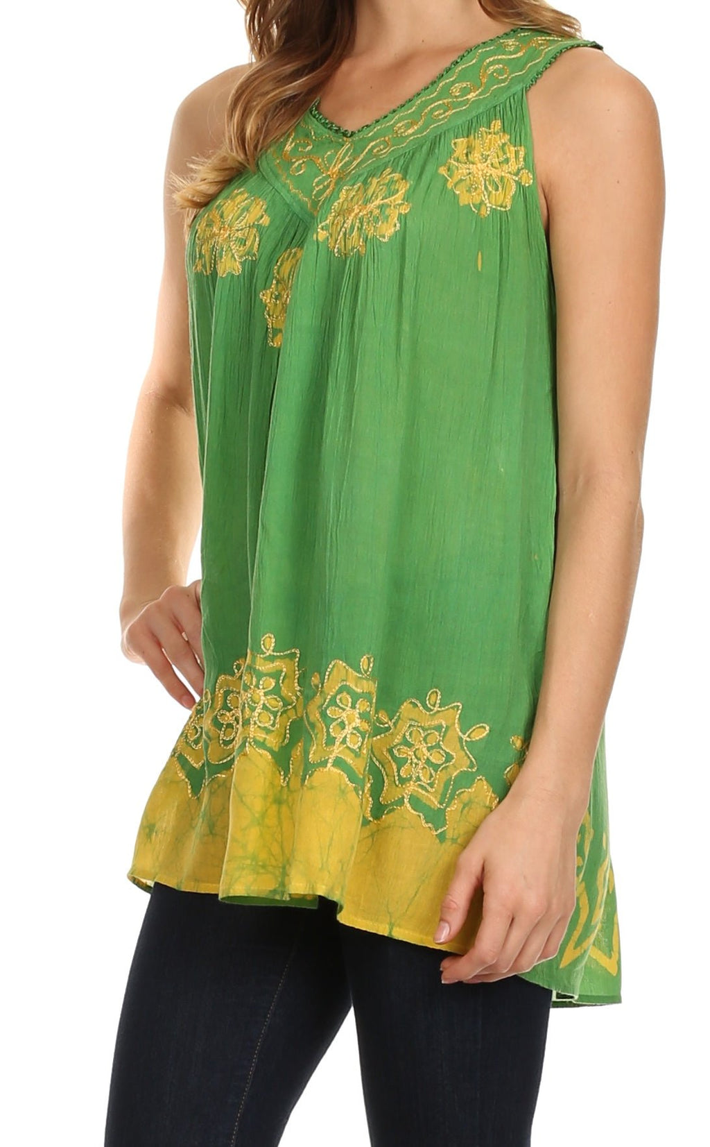 Sakkas Batik Embroidered V-Neck Sleeveless Blouse tops La Vie Bien Sakkas Batik Embroidered V-Neck Sleeveless Blouse