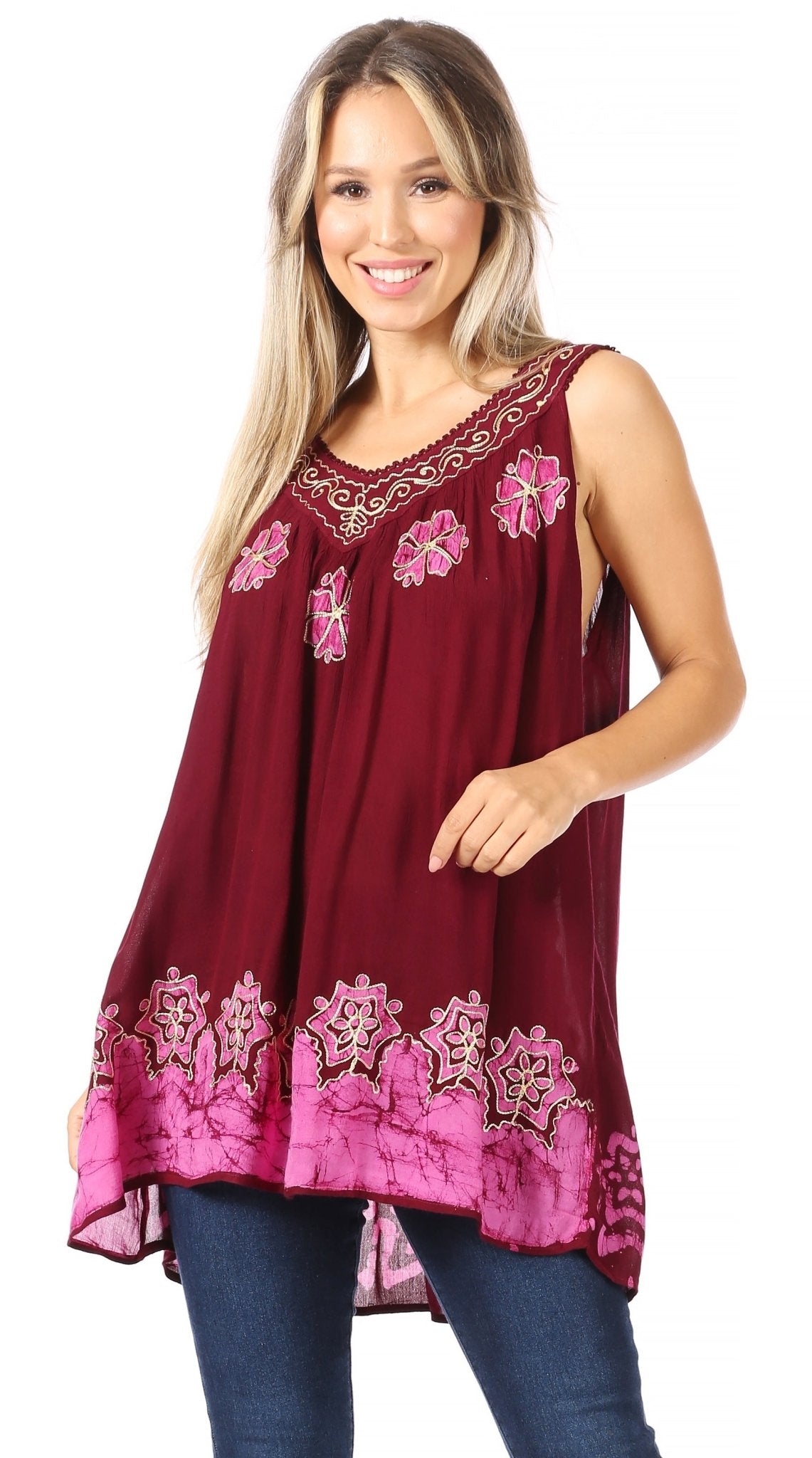 Sakkas Batik Embroidered V-Neck Sleeveless Blouse tops La Vie Bien Sakkas Batik Embroidered V-Neck Sleeveless Blouse
