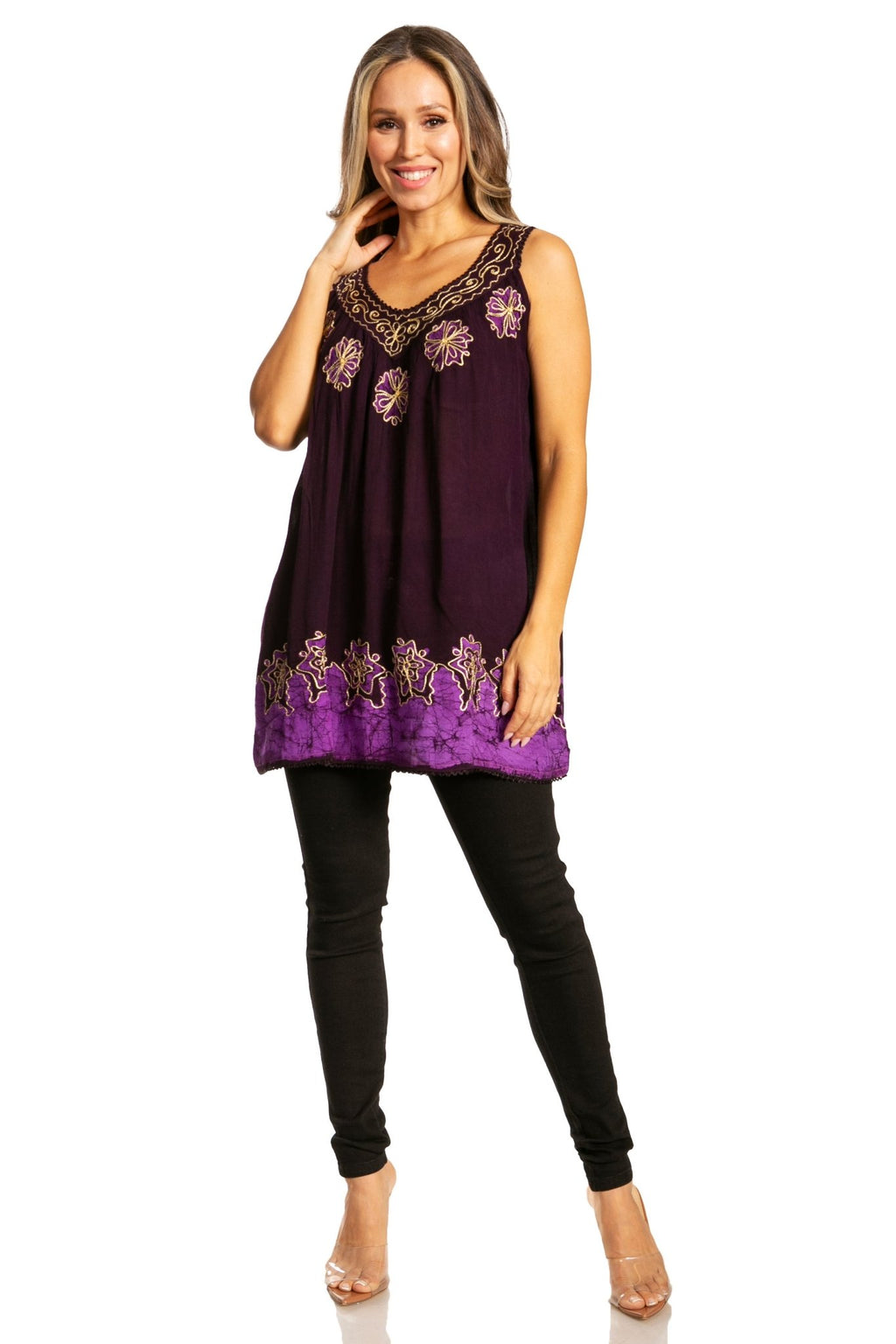 Sakkas Batik Embroidered V-Neck Sleeveless Blouse tops La Vie Bien Sakkas Batik Embroidered V-Neck Sleeveless Blouse